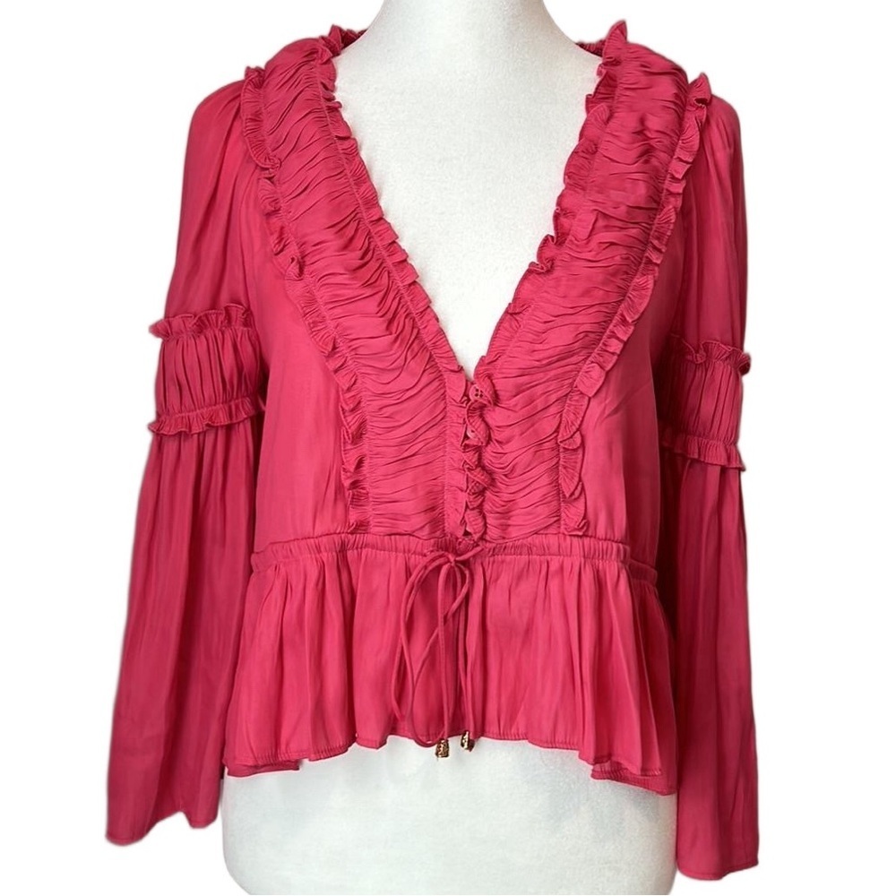 Hot Pink Mustard Seed Boho Peasant Crop V Neck Long Sleeve Ruffle Blouse